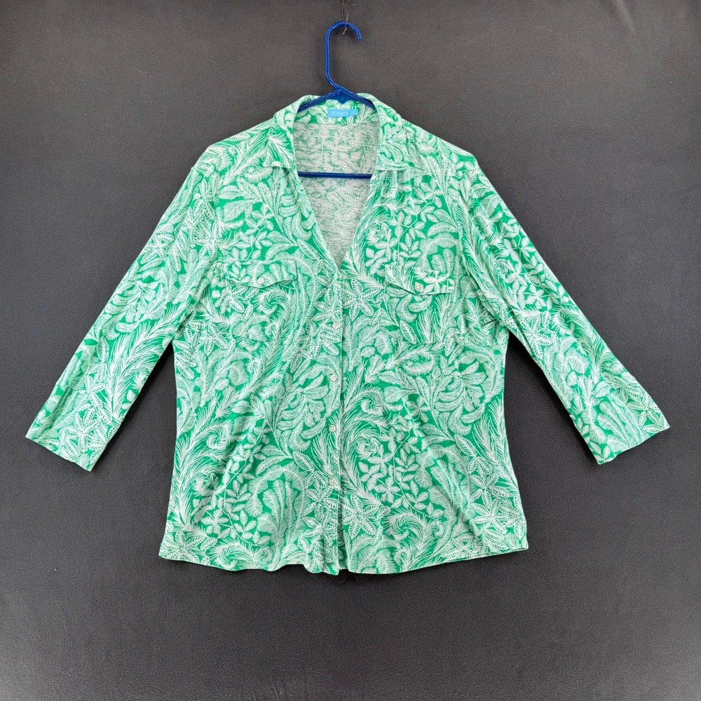 J. McLaughlin Green White Fern Print Knit Button‎ Down Top XL Tropical Coastal